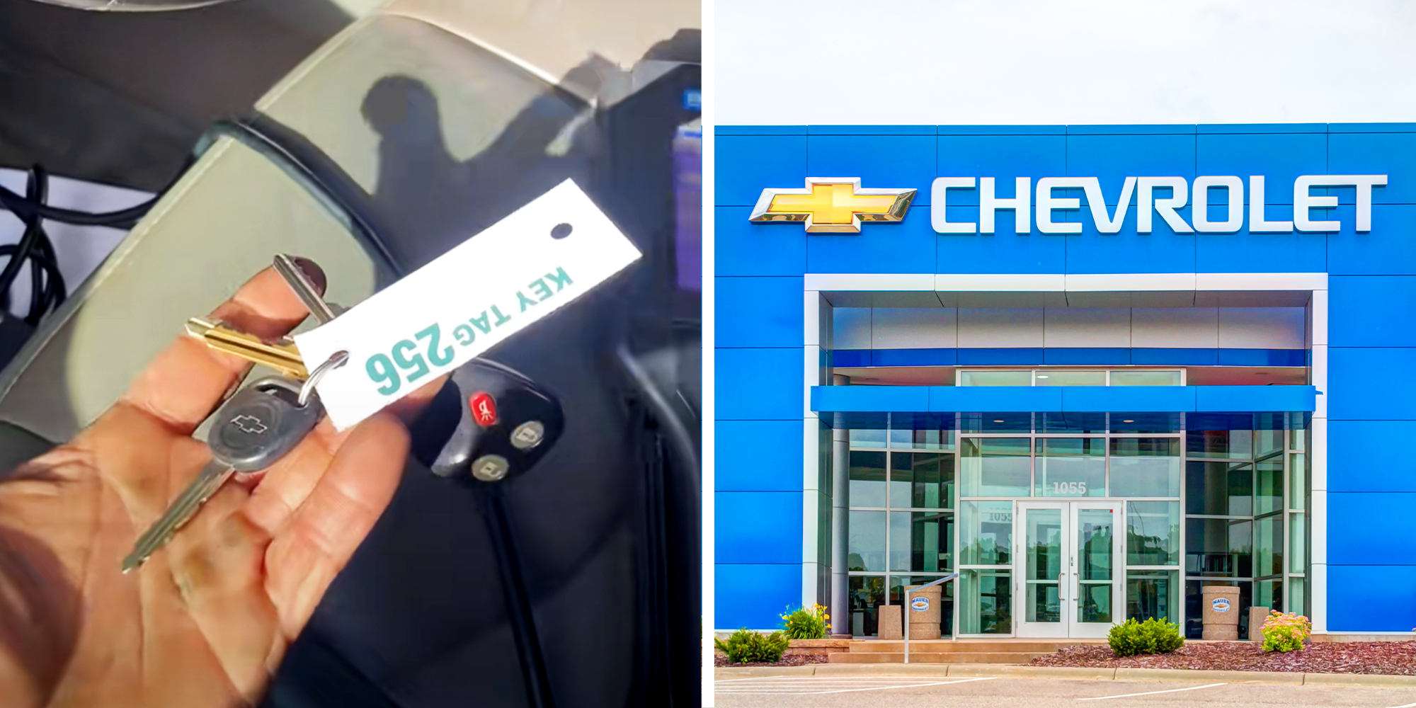 hand holding Chevrolet key with a keytag, and Chevrolet store