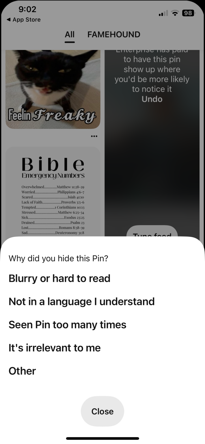 Pop up menu on pinterest ad