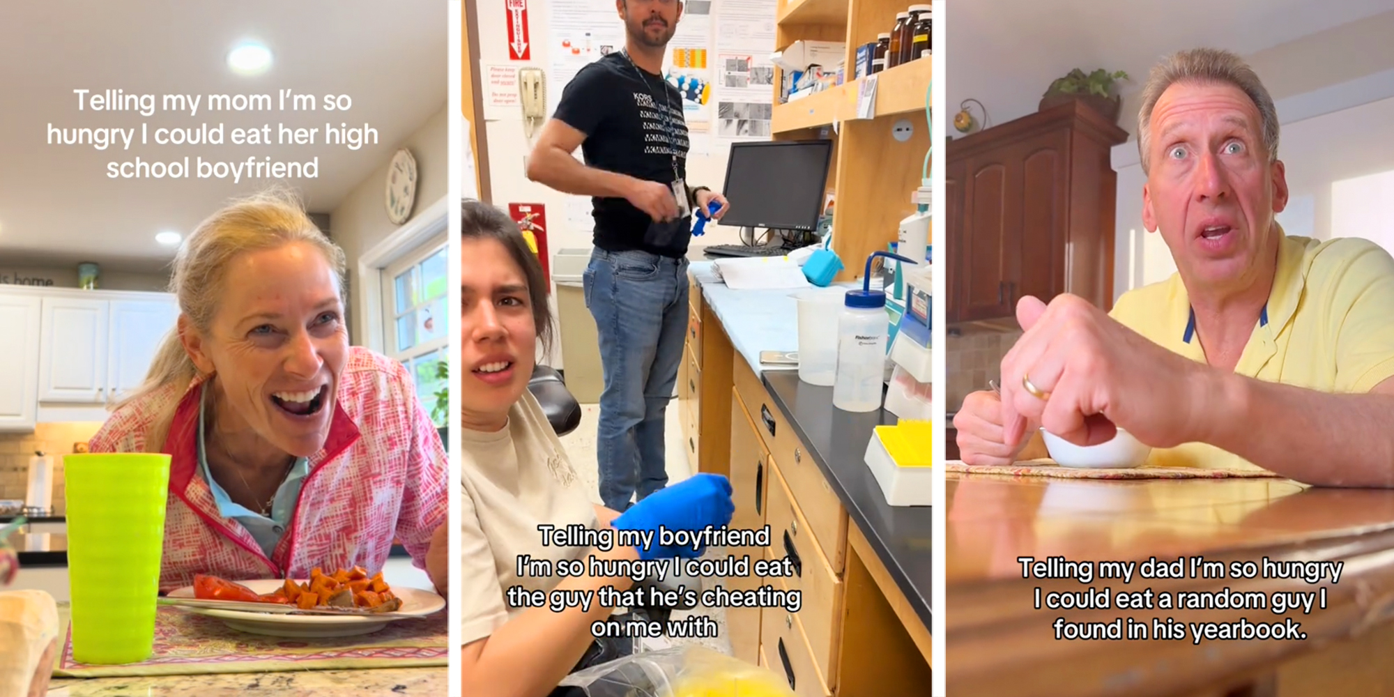 Three panel image with a woman eating breakfast on left, two cooworkers at work in middle and man eating breakfast on right.