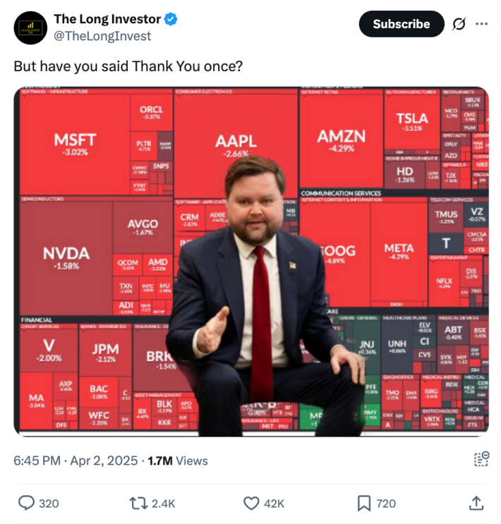 A tweet of baby face JD Vance as part of a Tariff memes