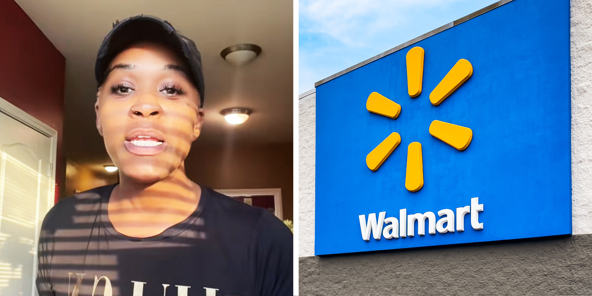 Women with Black hat and Shirt in her home, Yellow and Blue Walmart Signage