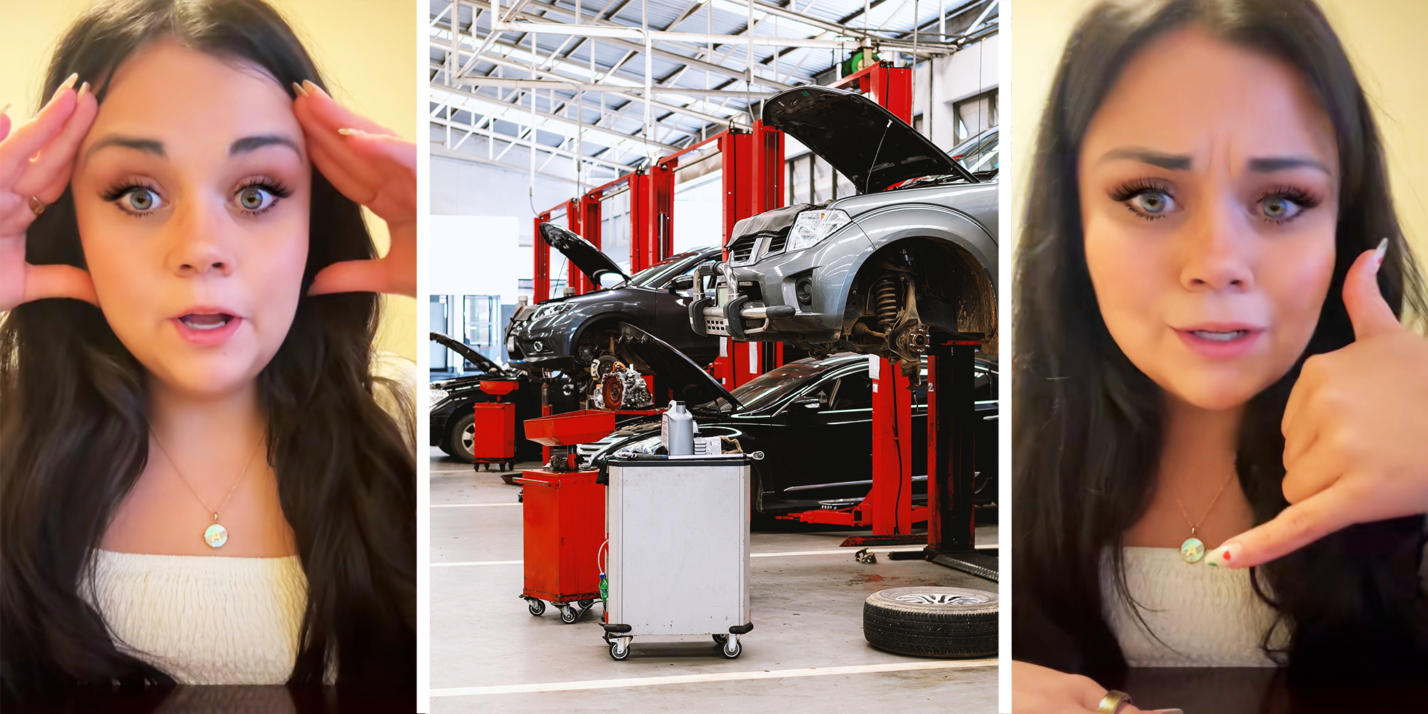 Women with black long hair shocked, Red and white auto shop with cars in the air