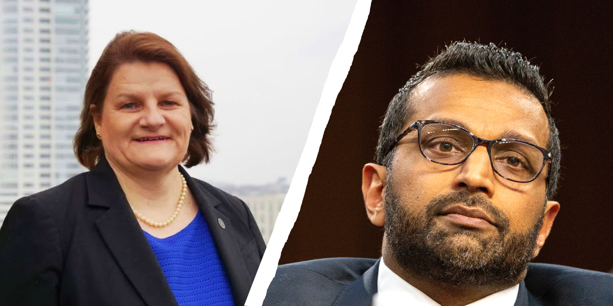 Two panel image with Judge Hannah Dugan on left and Kash Patel on right.