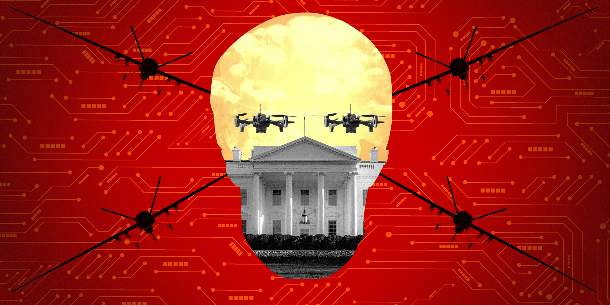Photo collage of a skull and crossbones. In the skull is the white house and drones. The cross bones are made of drones.