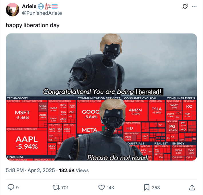 A tweet saying 'happy liberation day' and a Star Wars character.