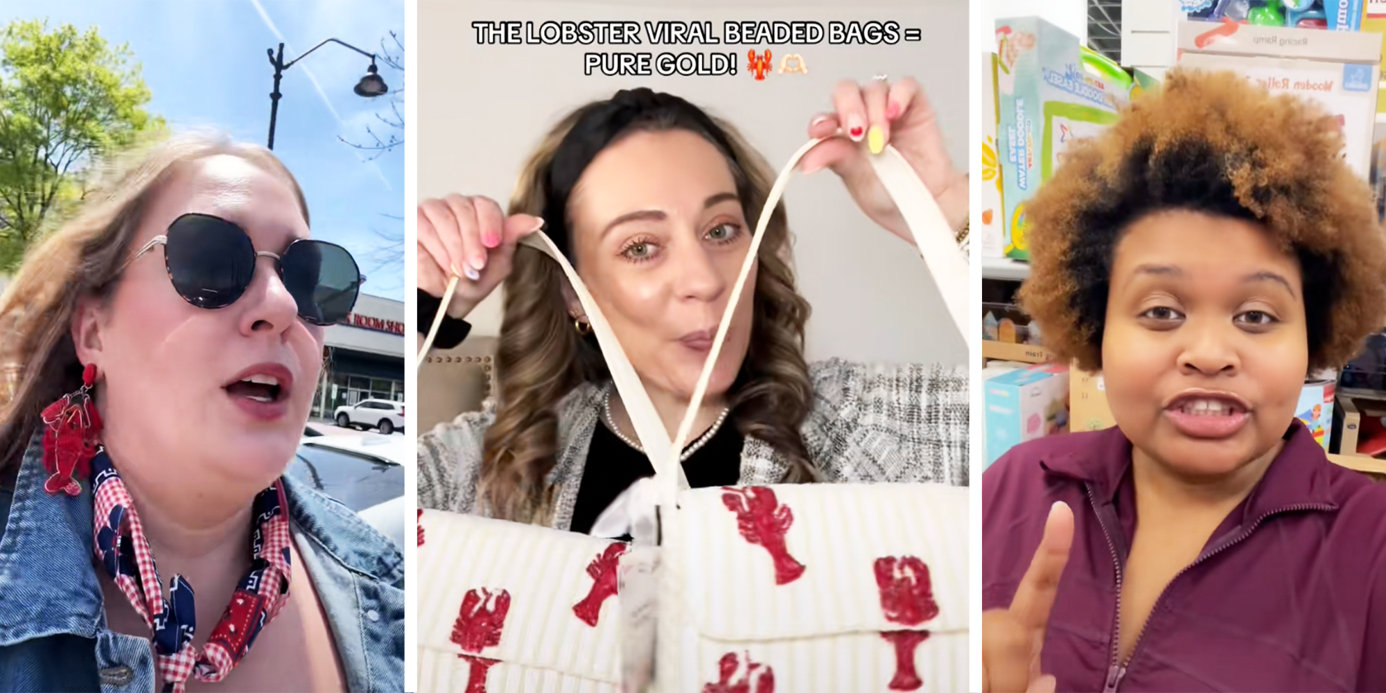 Women with lobster earrings, Woman holding up lobster white bags, and