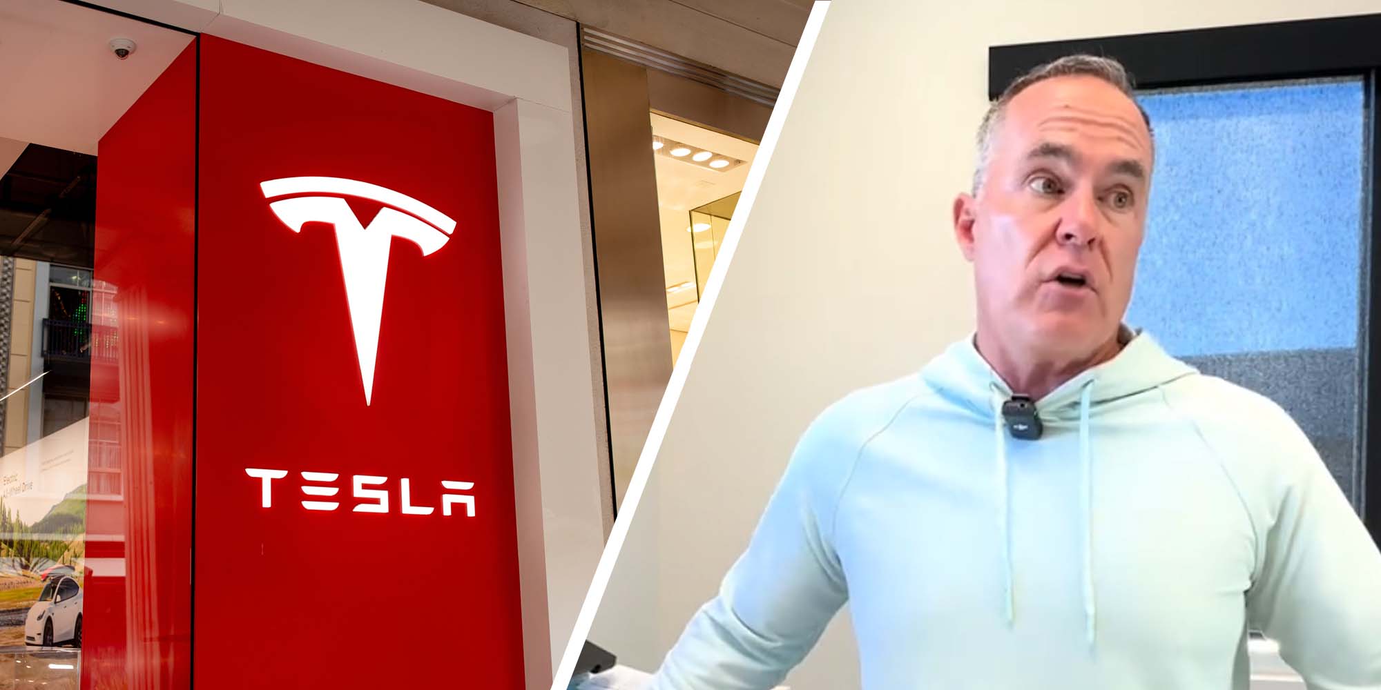 A Tesla storefront and a person looking at the camera.