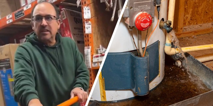 A person at Home Depot next to a water heater.