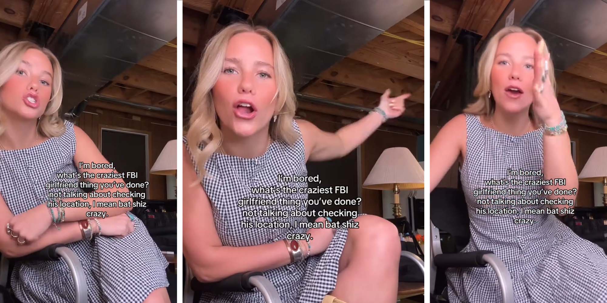 Three panels of a woman talking to the camera.