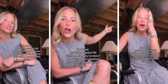 Three panels of a woman talking to the camera.