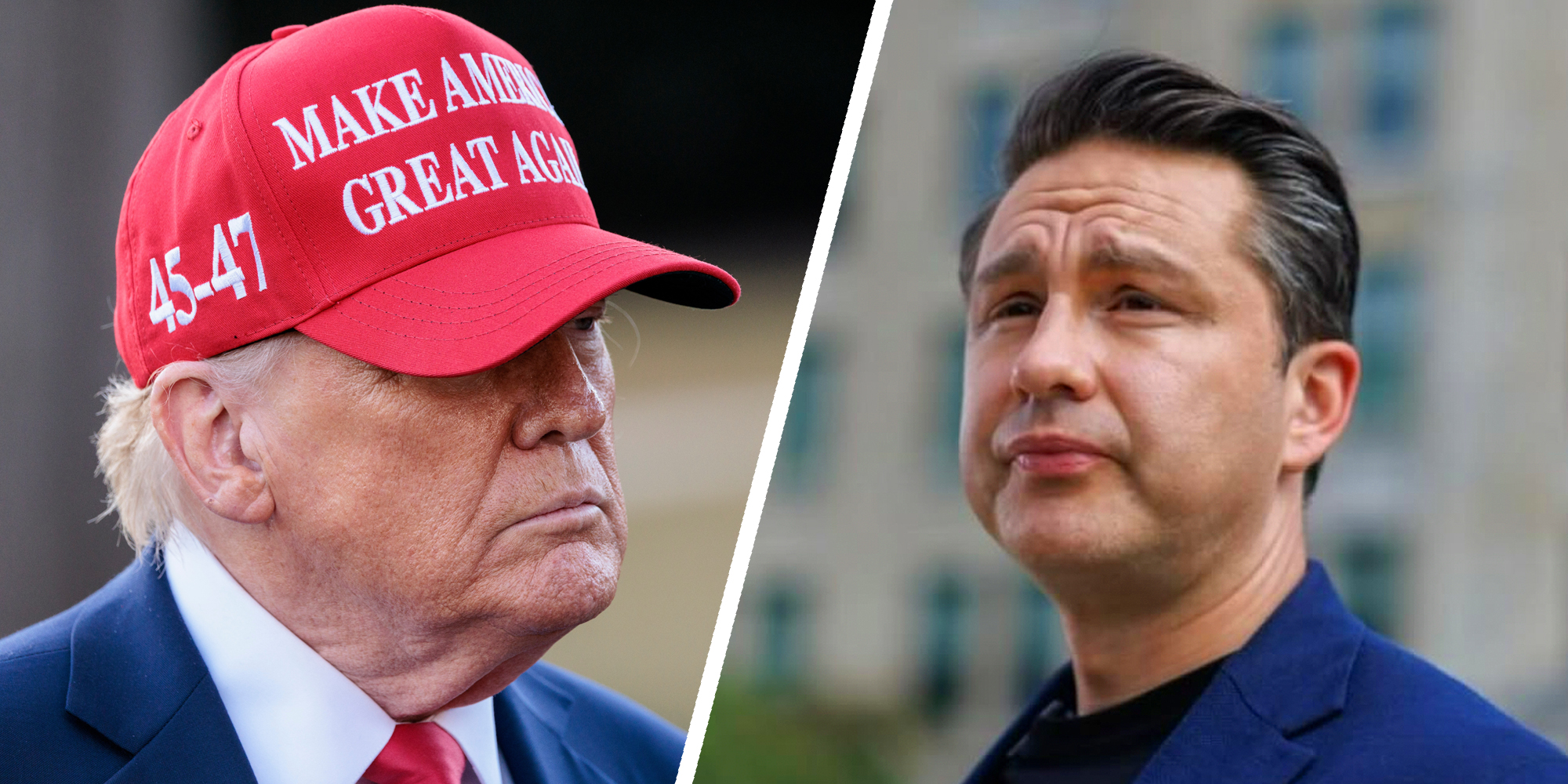 Two panel image with Donald Trump on left and Pierre Poilievre on right.