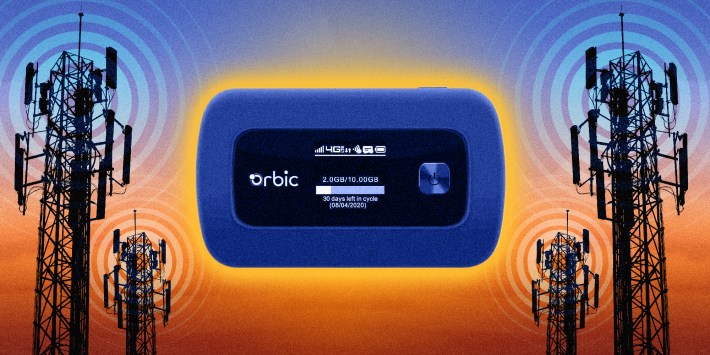 A photo collage of a device floating in the middle of cellular network towers.