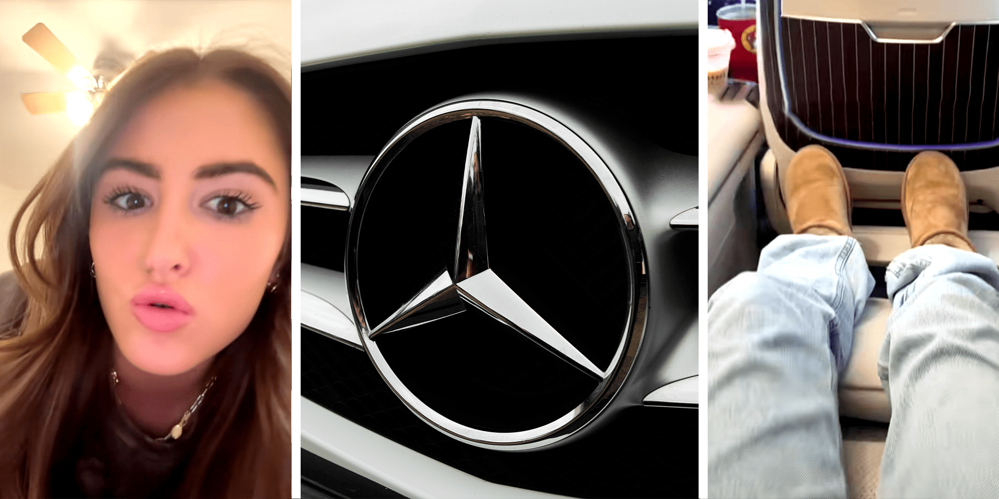 3 Panel image Women with brown long hair with dark eyebrows, andmercedes logo. Girl sitting on a chair with ugg boots on