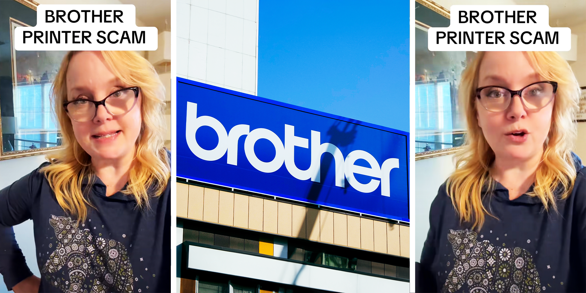 Blond woman with glasses and her blue shirt, Blue Brother Signage