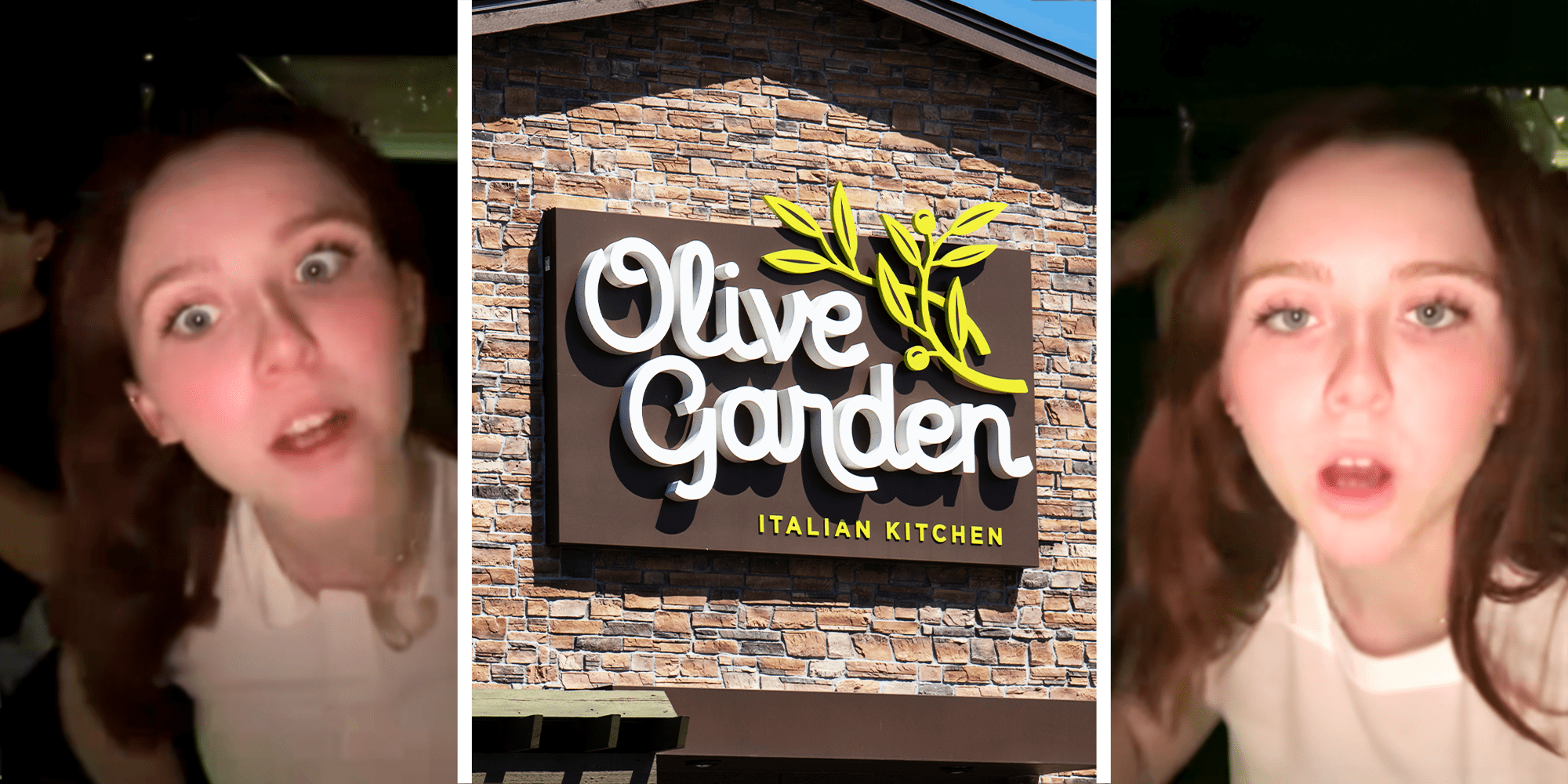 Woman with red cheeks surprised in her car, Olive Garden Italian Kitchen Signage