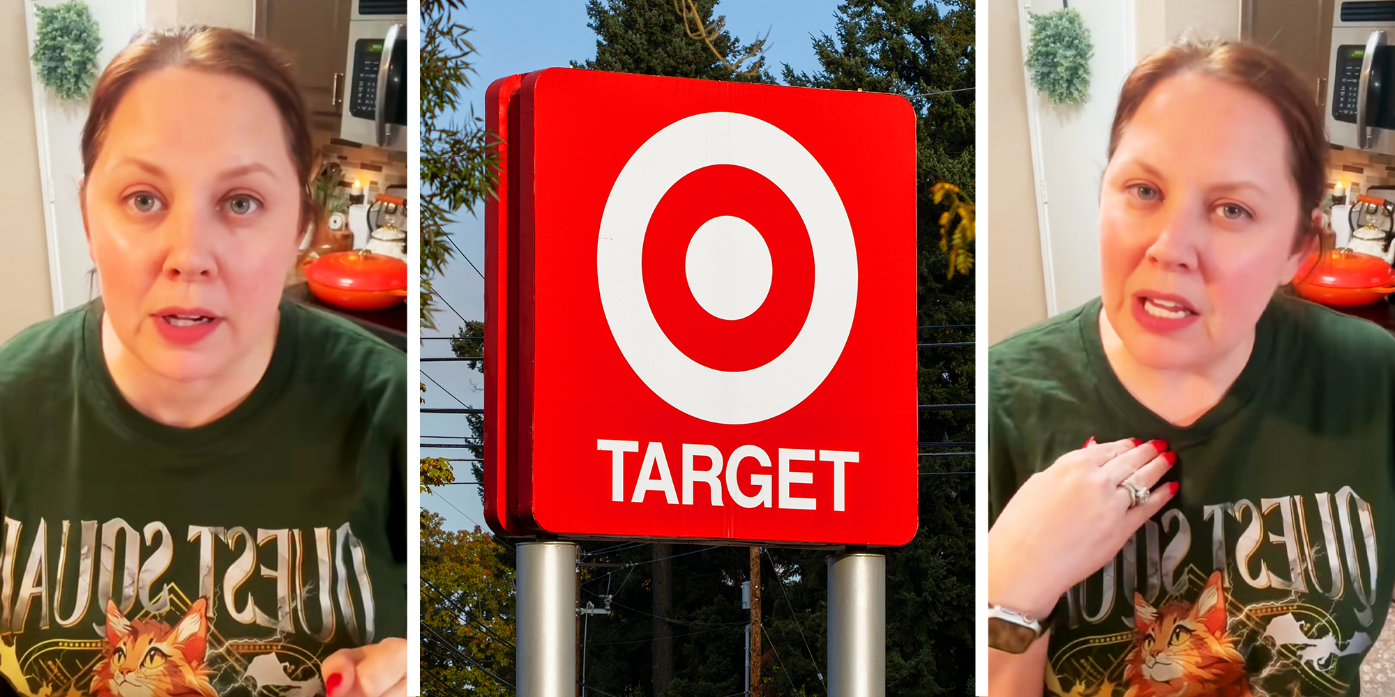 Woman with green shirt angry, and red target signage