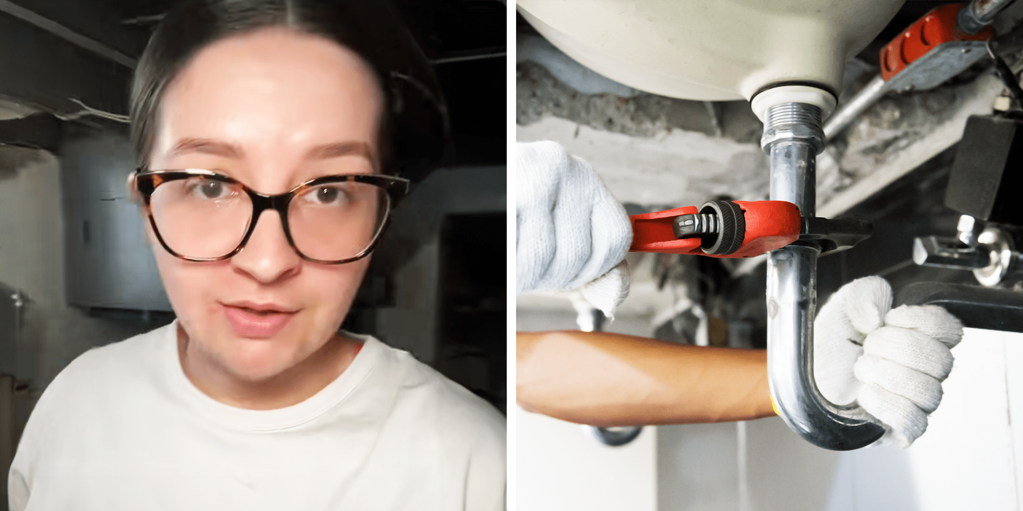 Women with big glasses in the basement, plumber fixing sinks