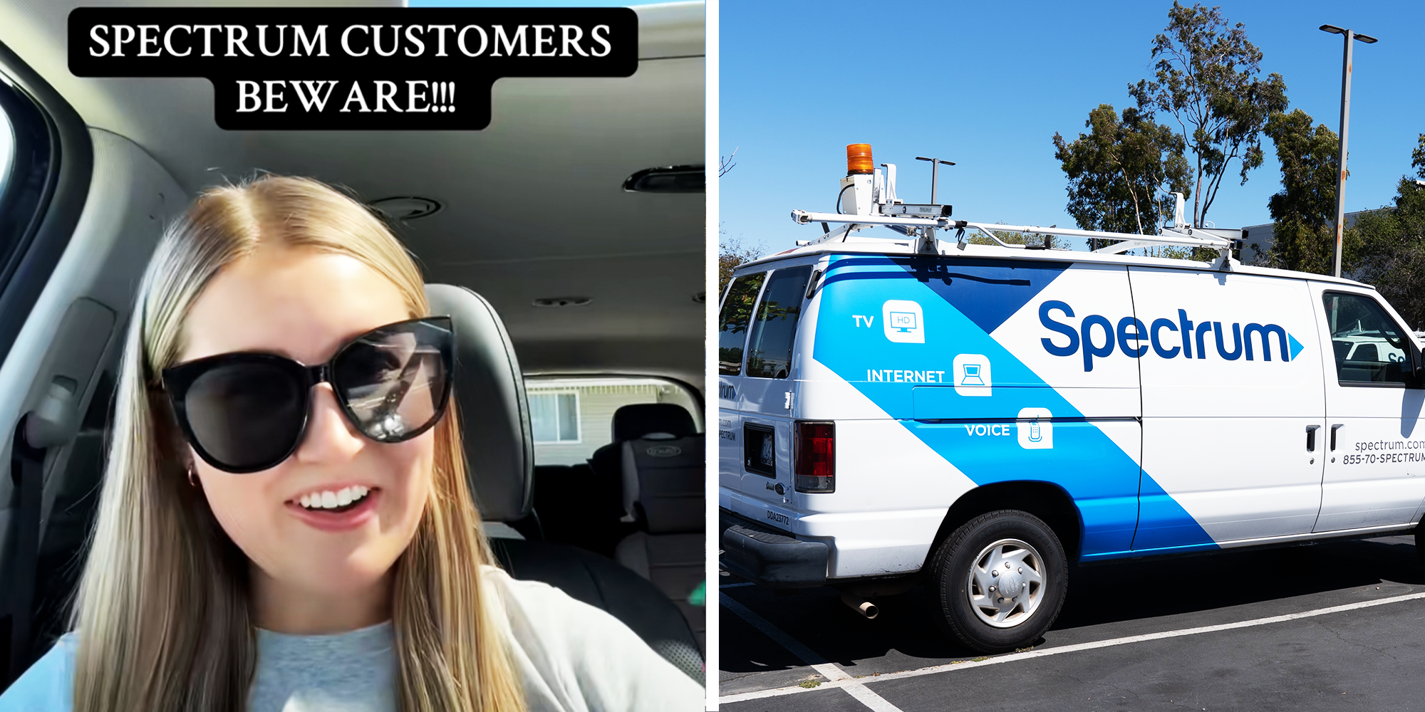 Blond haired women with sunglasses sitting in her car, and Spectrum Van in the parking lot