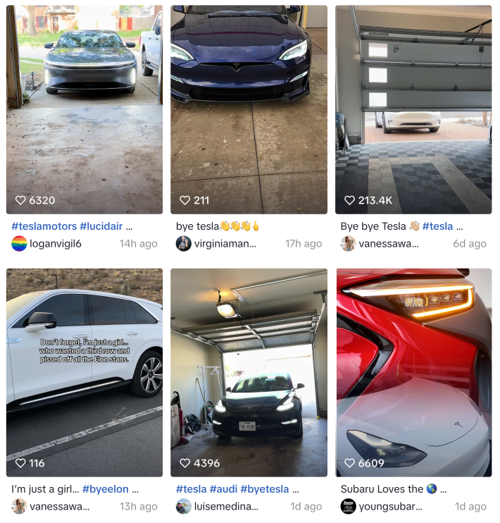 Front page of TikTok of lots of Teslas being traded in