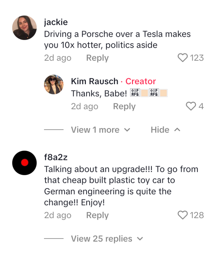 #ByeTesla taylor swift: Comments about how sexy a porsche is over tesla