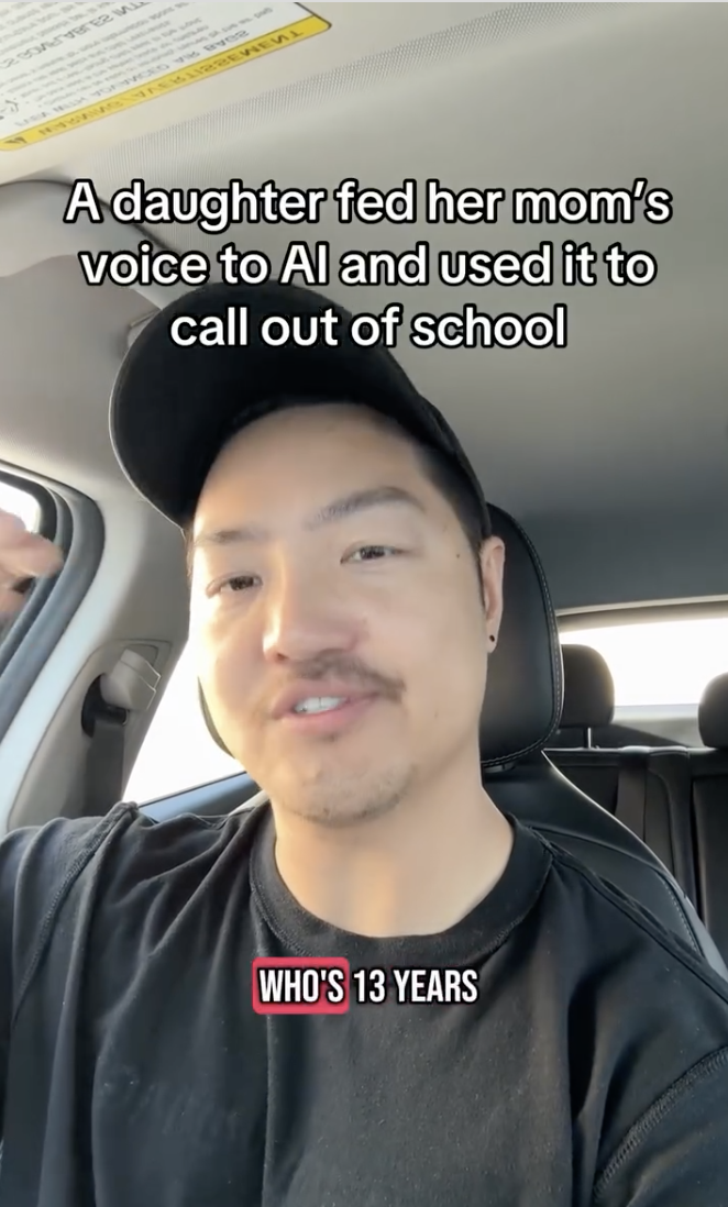 A man on instagram talking about a friend of a friend's daughter using AI to call out of school