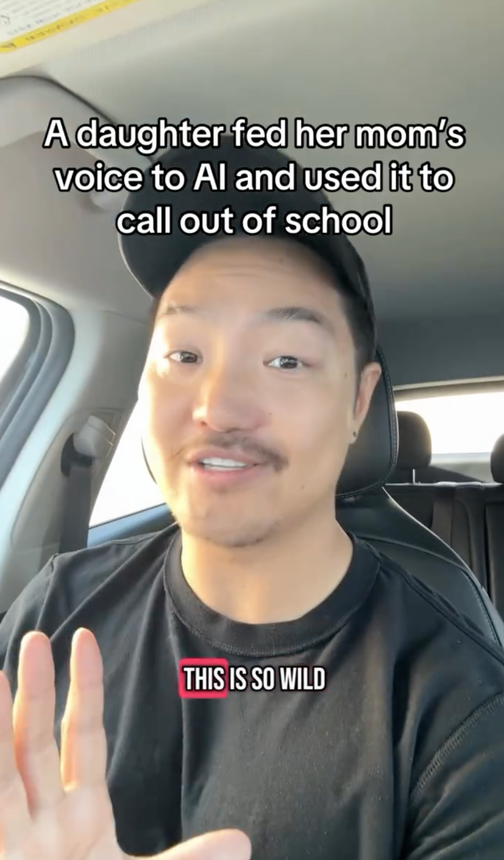 A man on instagram talking about a friend of a friend's daughter using AI to call out of school