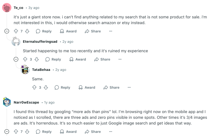 Reddit comments about how Pinterest is all ads