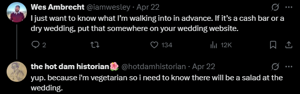 Screenshot of an X post discussing gen z dry weddings