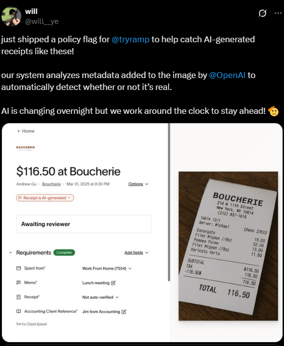 Screenshot of an X post discussing chatgpt fake receipts