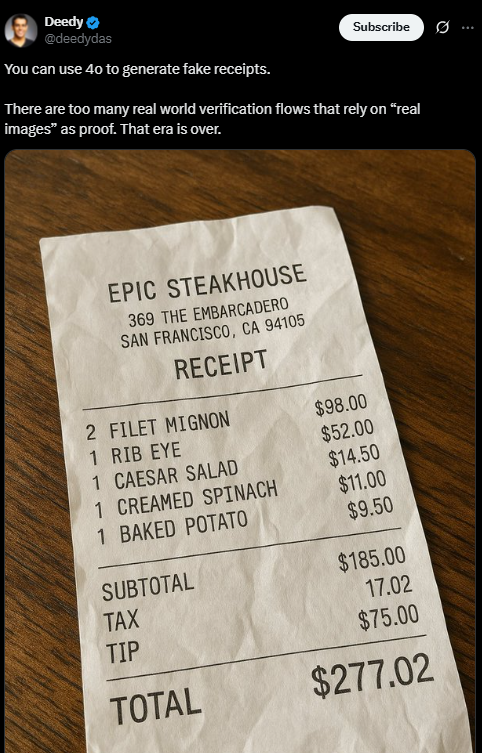 Screenshot of an X post discussing chatgpt fake receipts
