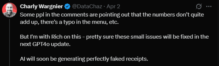 Screenshot of an X post discussing chatgpt fake receipts