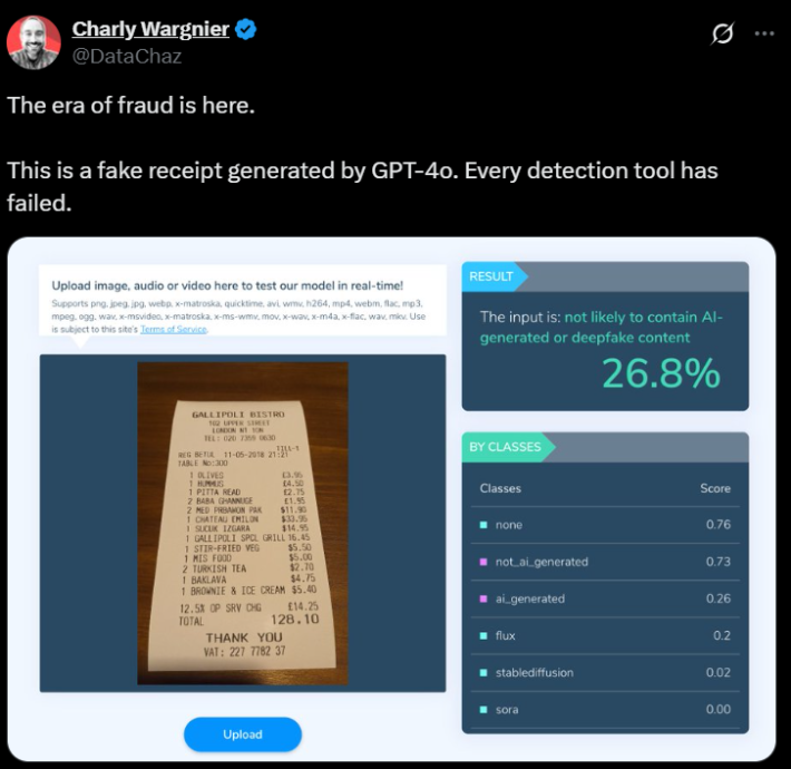 Screenshot of an X post discussing chatgpt fake receipts