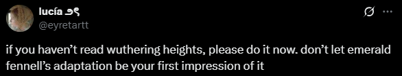 Screenshot from X post discussing emerald fennell wuthering heights