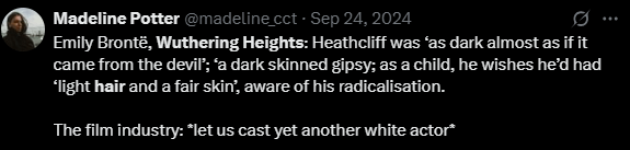 Screenshot from X post discussing emerald fennell wuthering heights