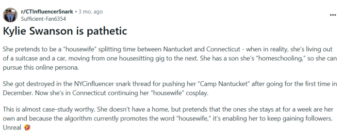 Screenshot from reddit post about connecticut housewife kylie swanson