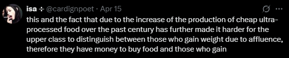 Screenshot from an X post discussing food in fashion status symbol