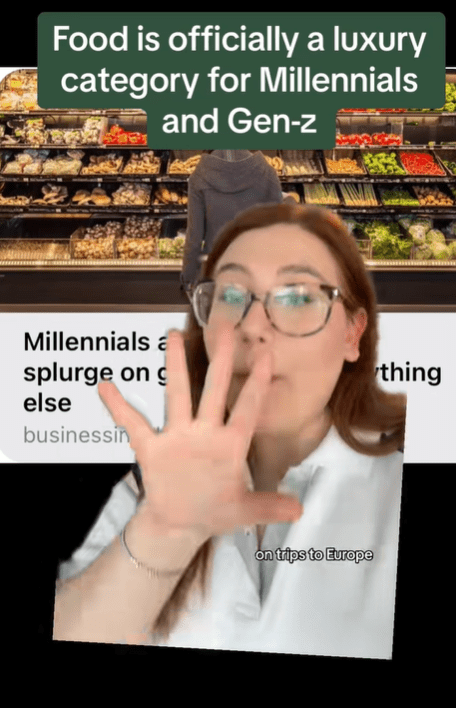 Screenshot from a TikTok post discussing food in fashion status symbol