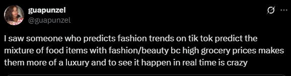 Screenshot from an X post discussing food in fashion status symbol