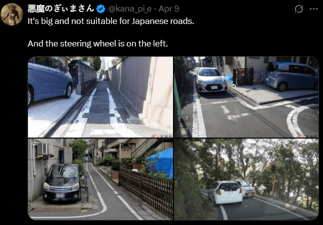 Screenshot of an X post discussing japan trolling american cars