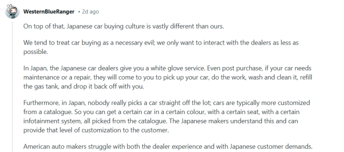 Screenshot of a Reddit thread discussing japanese and american cars