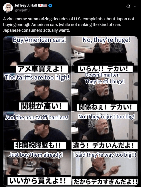 Screenshot of an X post discussing japan trolling american cars