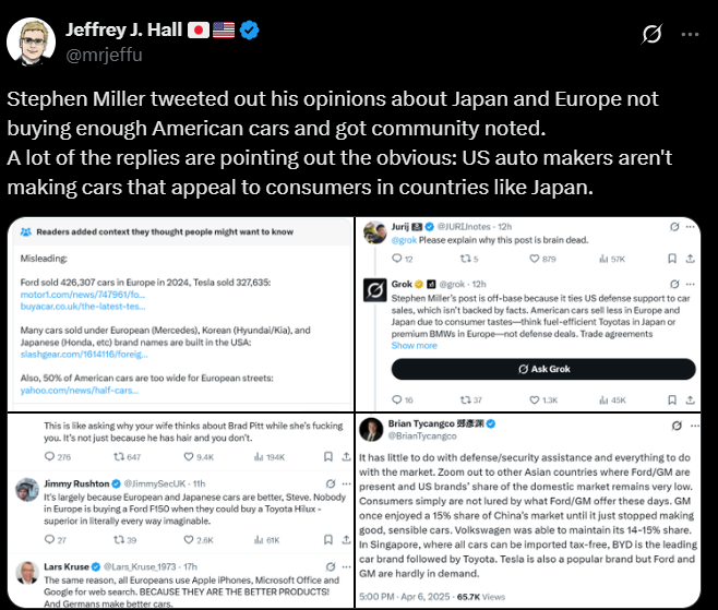 Screenshot of an X post discussing japan trolling american cars