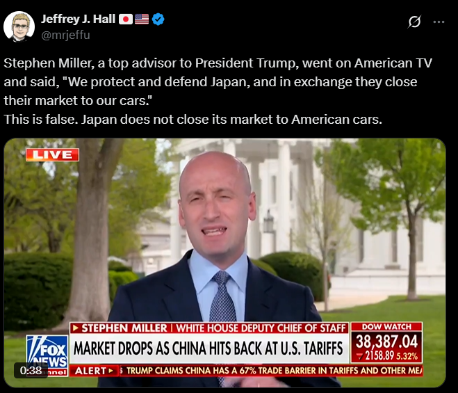 Screenshot of an X post discussing japan trolling american cars