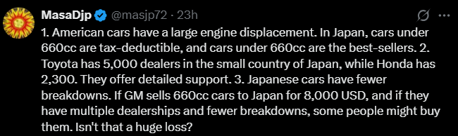 Screenshot of an X post discussing japan trolling american cars