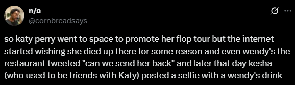 Screenshot from an X post discussing katy perry wendy's kesha