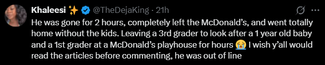 Screenshot from an X post discussing mcdonalds babysitting arrest