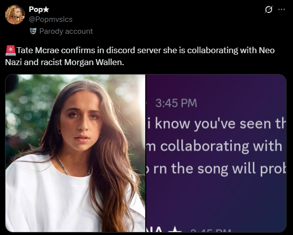 Screenshot from an X post related to tate mccrae morgan wallen