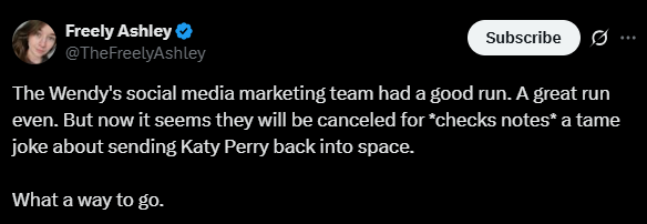 Screenshot of an X post discussing wendy's katy perry