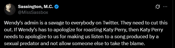 Screenshot of an X post discussing wendy's katy perry