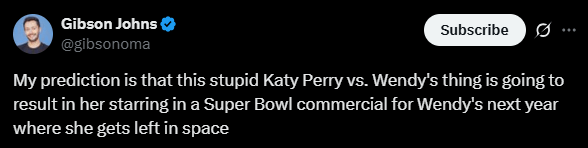 Screenshot of an X post discussing wendy's katy perry